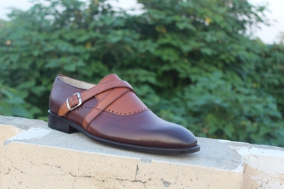 Crafted Leather Classic Tan Brown Leather Cross Buckle Monk Strap Dress Shoes