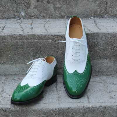 Crafted leather handmade men classic green / white leather dress oxford lace up formal shoes - Thumbnail 5