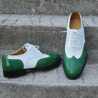 Crafted Leather Handmade Men Classic Green / White Leather Dress Oxford Lace up Formal Shoes - Thumbnail 1