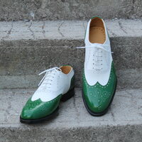 Crafted Leather Handmade Men Classic Green / White Leather Dress Oxford Lace up Formal Shoes - Thumbnail 3