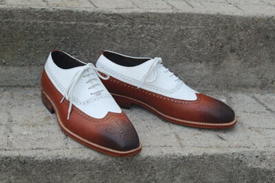 Crafted Leather Handmade Classic Brown White Leather Dress Lace up Oxford Shoes