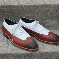 Crafted Leather Handmade Classic Brown White Leather Dress Lace up Oxford Shoes - Thumbnail 2