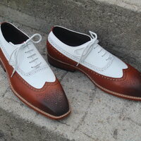 Crafted Leather Handmade Classic Brown White Leather Dress Lace up Oxford Shoes - Thumbnail 3