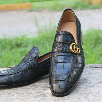 Crafted leather handmade classic blue crocodile/alligator leather loafer moccasin slip ons stylish shoes - Thumbnail 5