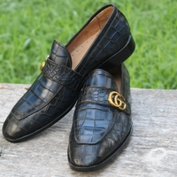 Crafted Leather Handmade Classic Blue Crocodile/Alligator Leather Loafer Moccasin Slip Ons Stylish Shoes - Thumbnail 1