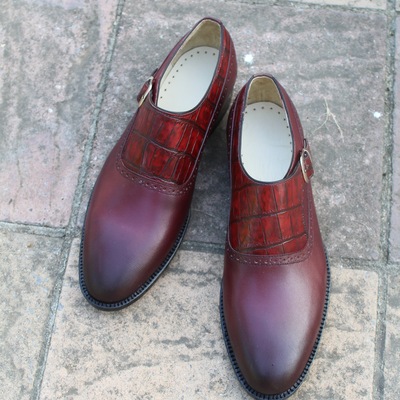 Crafted leather classic men burgundy leather dress/formal crocodile monk strap shoes - Thumbnail 3