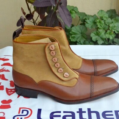 Crafted leather classic men brown suede leather high ankle button dress boots - Thumbnail 5