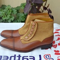Crafted Leather Classic Men Brown Suede Leather High Ankle Button Dress Boots - Thumbnail 1