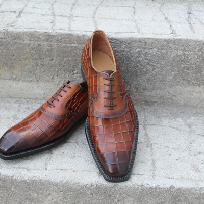  crafted leather classic new handmade men formal brown crocodile/alligator leather dress lace up shoes - Thumbnail 3