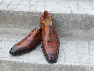  Crafted Leather Classic New Handmade Men Formal Brown Crocodile/Alligator Leather Dress Lace up Shoes