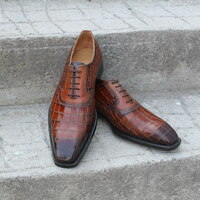  Crafted Leather Classic New Handmade Men Formal Brown Crocodile/Alligator Leather Dress Lace up Shoes - Thumbnail 3