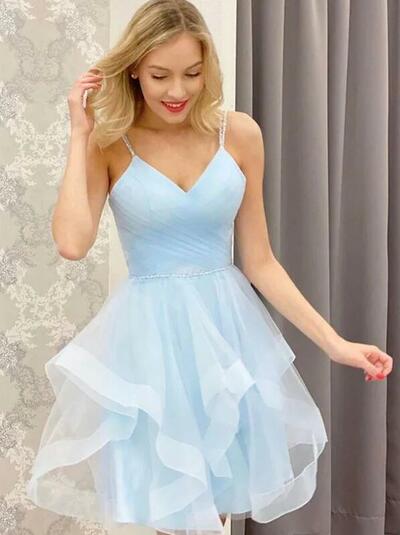 Light Sky Blue Short Tulle Homecoming Dresses