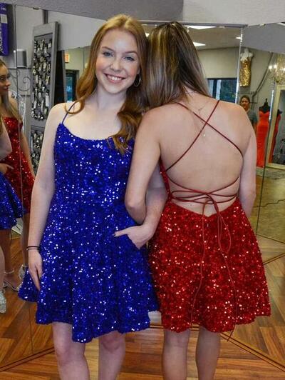 Sexy Wine Red Blue Sequin Short Homecoming Dresses 
