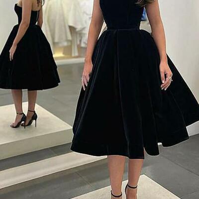 Strapless tea length black velvet short prom dresses 