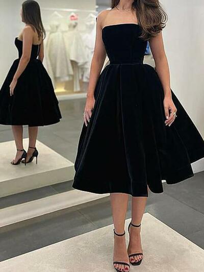 Strapless Tea Length Black Velvet Short Prom Dresses 