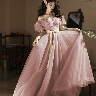 Pink tulle floor length prom dress, off the shoulder evening party dress