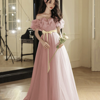 Pink Tulle Floor Length Prom Dress, Off the Shoulder Evening Party Dress - Thumbnail 2
