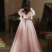 Pink Tulle Floor Length Prom Dress, Off the Shoulder Evening Party Dress - Thumbnail 3