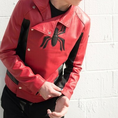 Mens spider-man last stand leather jacket black & red
