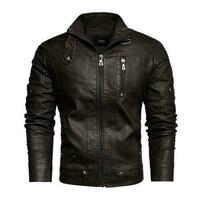 Men's Stand Collar Faux Leather Jacket Zipper Slim Fit Motorcycle Biker Jacket - Thumbnail 4