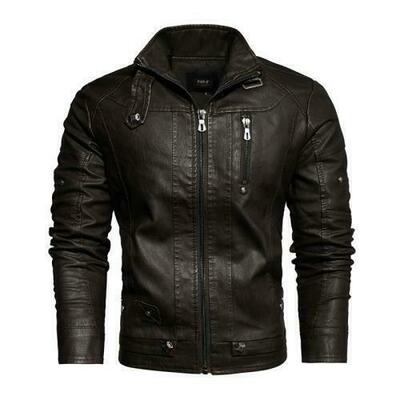 Men's stand collar faux leather jacket zipper slim fit motorcycle biker jacket