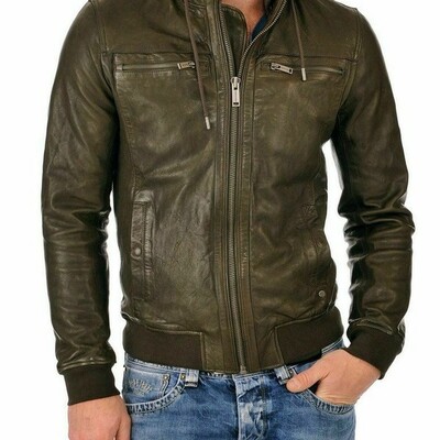 Men leatherjacket 100% genuine biker motorcycle green leather jacket