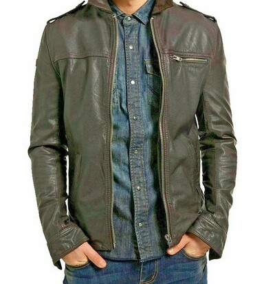 Men Genuine Lambskin Leather Jacket Brown Slim fit Biker Motorcycle
