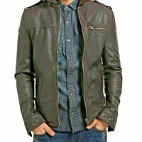 Men Genuine Lambskin Leather Jacket Brown Slim fit Biker Motorcycle - Thumbnail 4