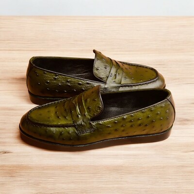 Handmade Formal Business Shoes, Waterproof Loafers Men's Dress Shoes, Ostrich Print, Round Toe Work Shoes,