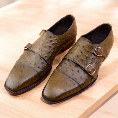 Handmade Double Monk-Straps designer shoes for men, embellished Olive Green leather,