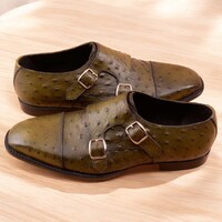 Handmade Double Monk-Straps designer shoes for men, embellished Olive Green leather, - Thumbnail 1