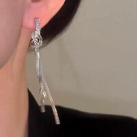 Luxury Silver Zircon Long Twist Tassel Sparkly Earrings for Women Wedding Party Jewelry - Thumbnail 1