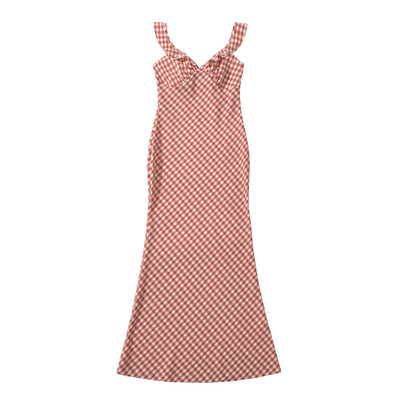 Retro classic plaid bias cut sexy sling hip-wrapped long dress - Thumbnail 4