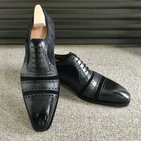 Handmade Black Cap Toe Shoes, Men's Suede Leather Lace Up Fashion Shoes - Thumbnail 3