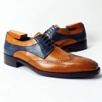 Blue Brown Two Tone Wing Tip Handmade Mens Formal Dress Oxford Classical Shoes - Thumbnail 4