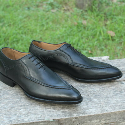 Crafted leather men unique black calf leather wingtip oxford dress shoes - Thumbnail 5