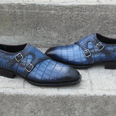 Crafted leather handcrafted classic blue patina leather crocodile texture men shoes - Thumbnail 5