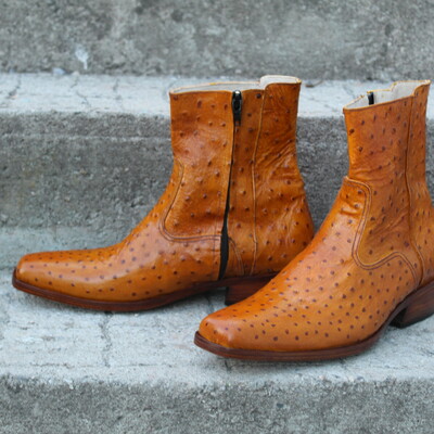 Crafted leather classic brown ostrich leather side zipper jodhpur boot