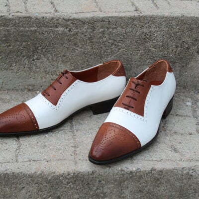 Crafted leather handmade classic brown white leather oxfords dress shoes - Thumbnail 3