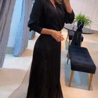 Elegant Black Long Sleeved Deep V-Neck Dress - Thumbnail 1