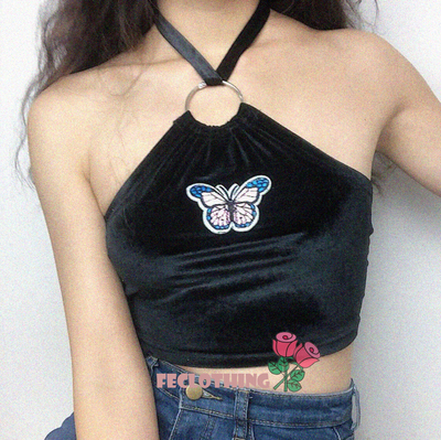Butterfly Embroidered Velvet Ring Halter Tank Sling
