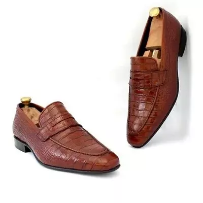 Mens brown alligators shoes, brown crocodile embossed patterns shoes, men shoes,