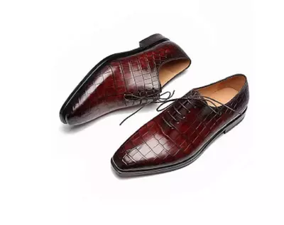 Handmade Men Brown Crocodile Leather Oxford Shoes, Formal Dress Shoes