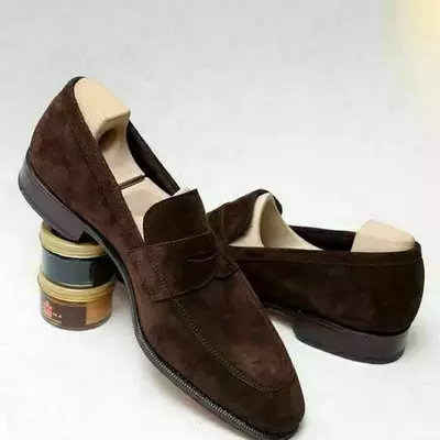 Men handmade suede leather penny loafer shoes, moccasin shoes, slip on shoes