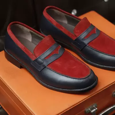 Men's handmade formal shoes navy blue leather & red suede slip on loafer shoes