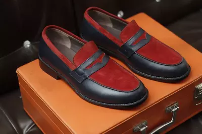 Men's Handmade Formal Shoes Navy Blue Leather & Red Suede Slip On Loafer Shoes