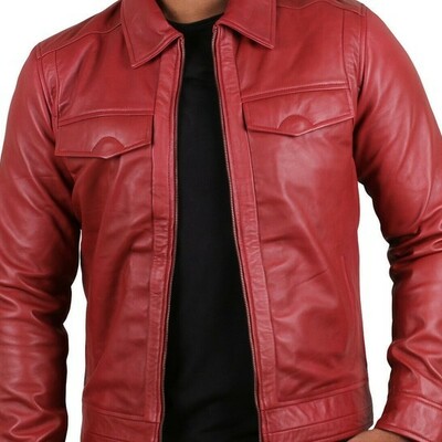 New handmade men's maroon genuine lambskin leather jacket