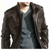 Men's Leather Jacket Motorcycle Brown Slim fit Biker Genuine lambskin jacket - Thumbnail 4