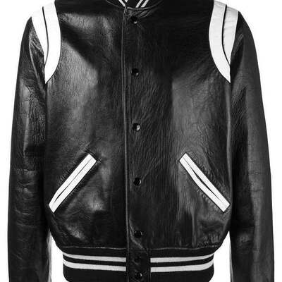 Men's black and white mix leather baseball, bomber jacket