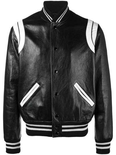 Men's Black and White mix Leather baseball, bomber jacket